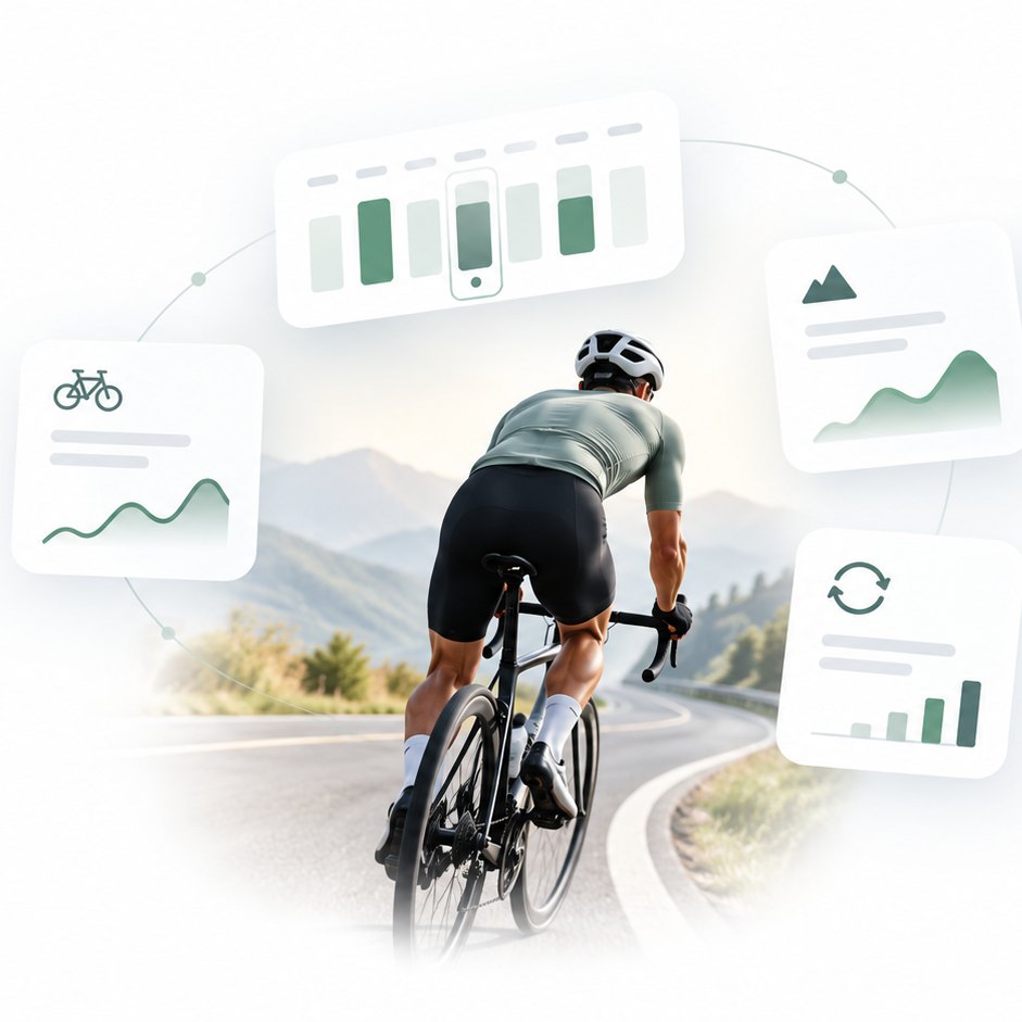 Rider on a mountain road surrounded by training plan panels