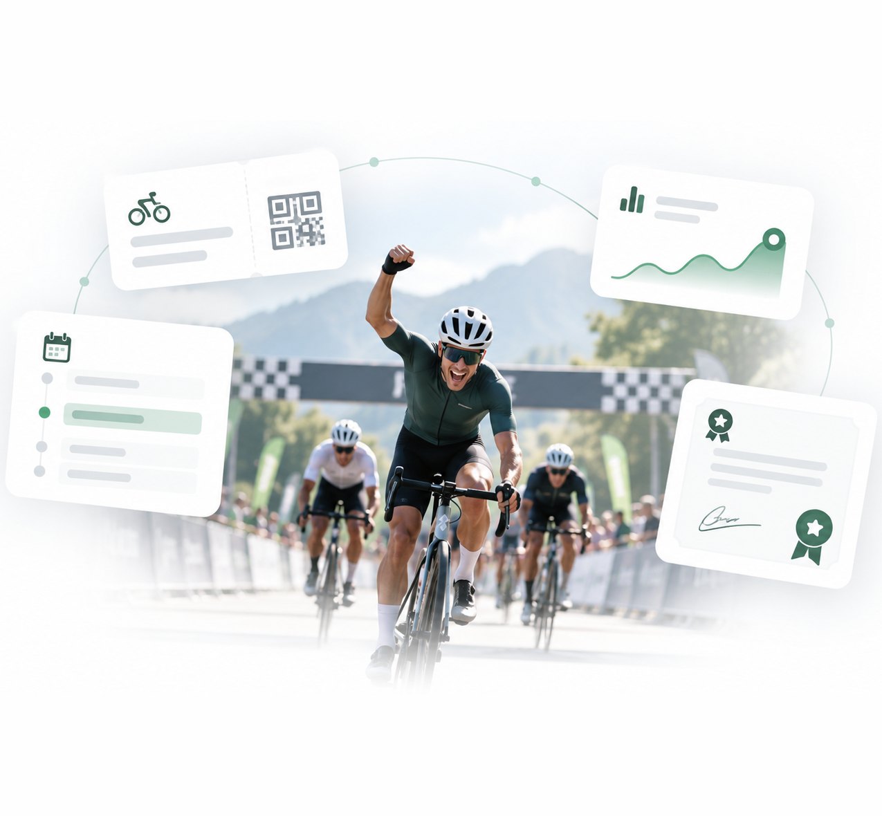 Rider celebrating at the finish line, with ticket, schedule, result and certificate panels
