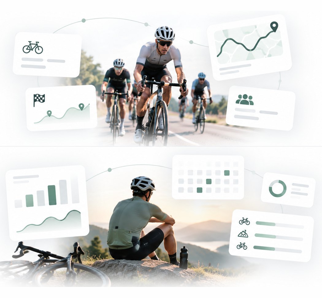 Riders on a group ride, then a rider resting while weekly review panels show training load and progress